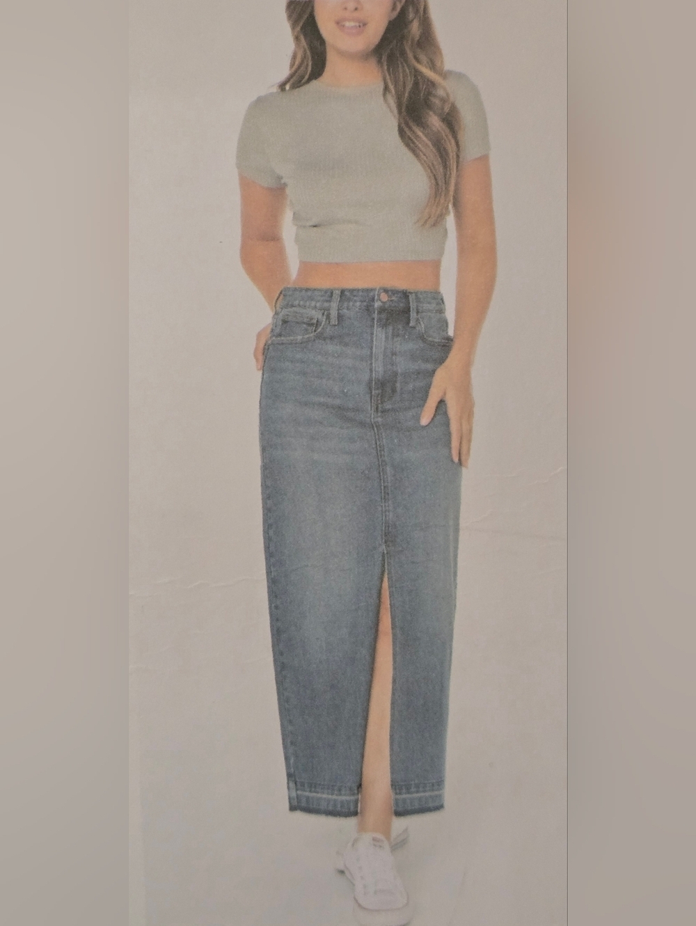 Celebrity Pink High-Rise Blue Denim Maxi Skirt with Front Slit